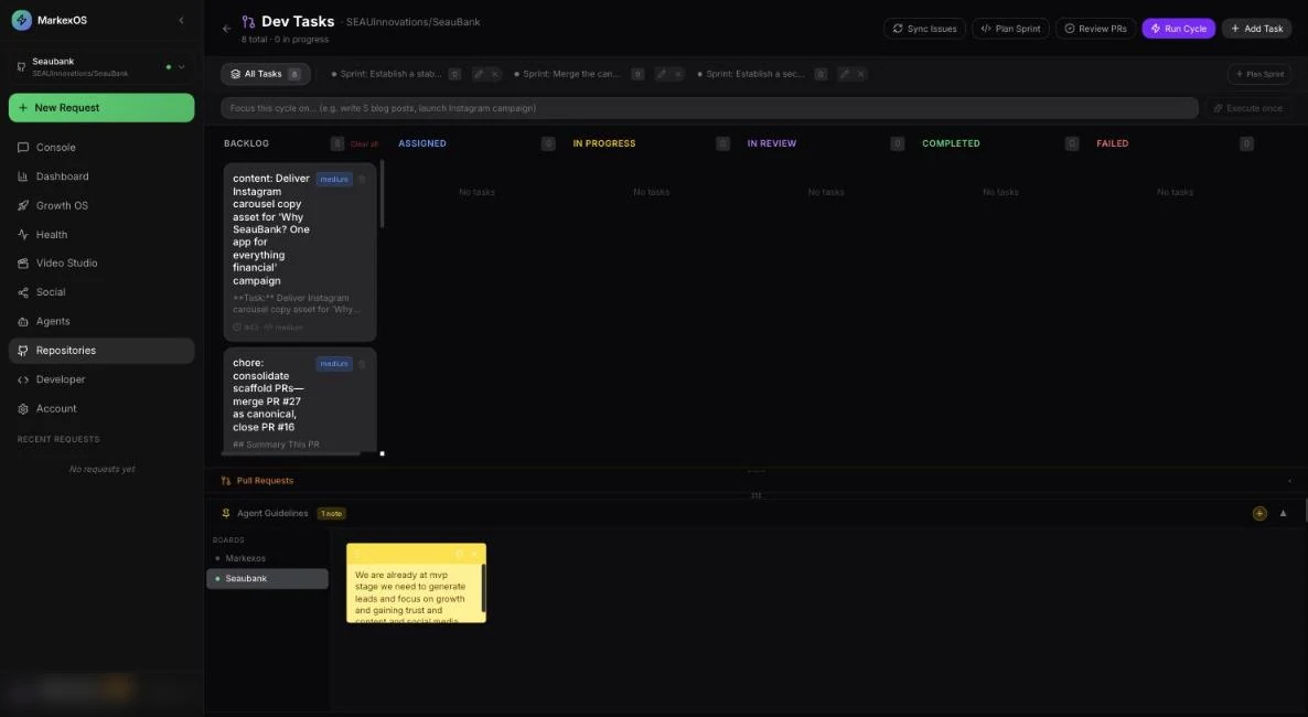 MarkexOS: Dev Tasks — agents plan sprints, write code and open pull requests for review